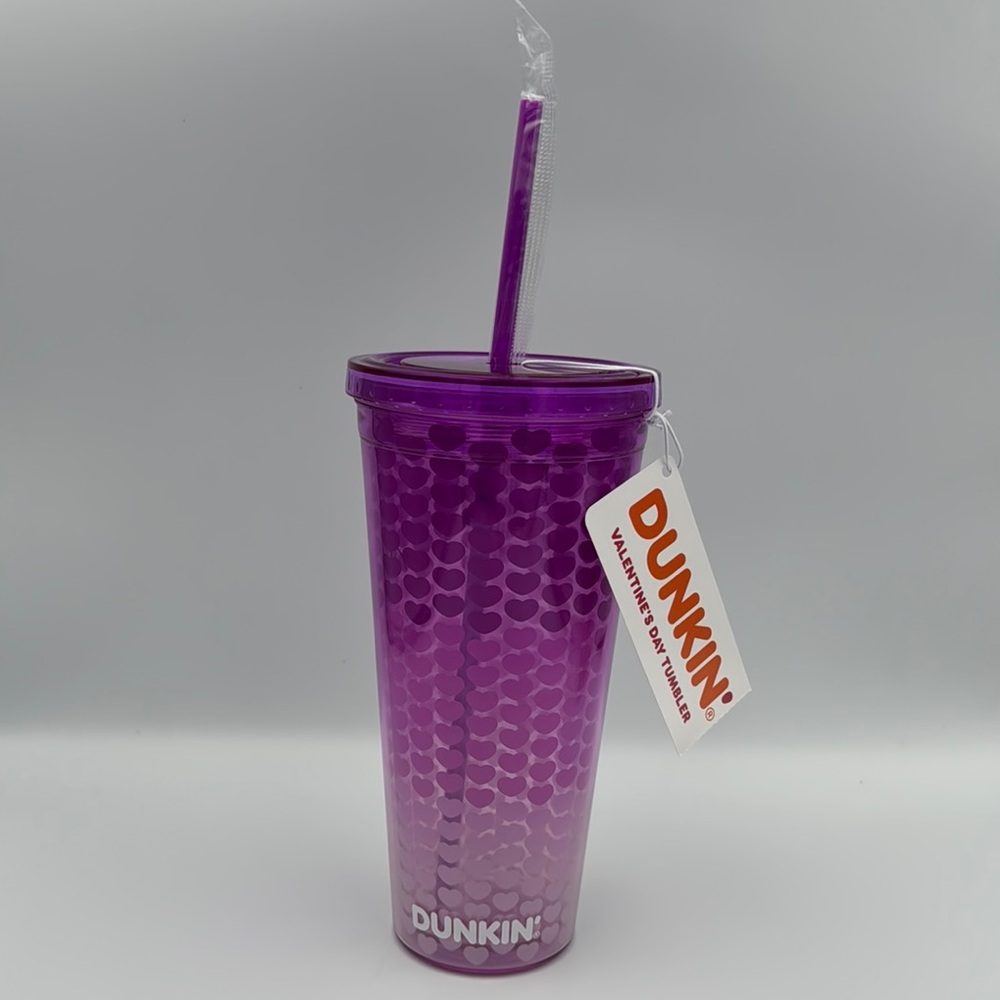 Dunkin Donuts Purple‎ Ombre Hearts Valentines Day Tumbler, Heart Shaped Straw